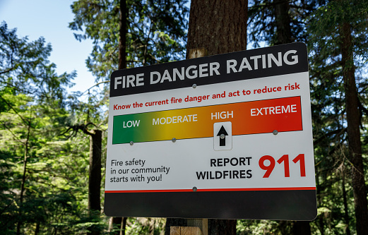 View of the sign indicating the Fire Danger Rating, displaying a high risk of wildfires in the Lynn Canyon Park Area, North Vancouver.