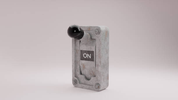 istock Closeup of a rusty lever on a wall with ON sign industrial and more purpose switch 3d render illustration, with white background. 1502122241