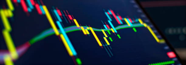 istock Technical price graph and indicator, red and green candlestick chart on blue theme screen, market volatility, up and down trend. 1502122271