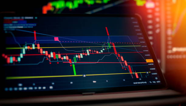 istock Technical price graph and indicator, red and green candlestick chart on blue theme screen, market volatility, up and down trend. 1502123093