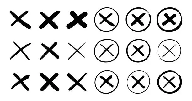 Vector illustration of Black color wrong mark symbol set. Cross wrong mark icon.