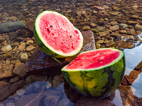 stream, outdoors, cut watermelon