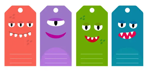 Vector illustration of Gift tags with funny cartoon monsters. Some blank space for your text included. Vector flat illustration