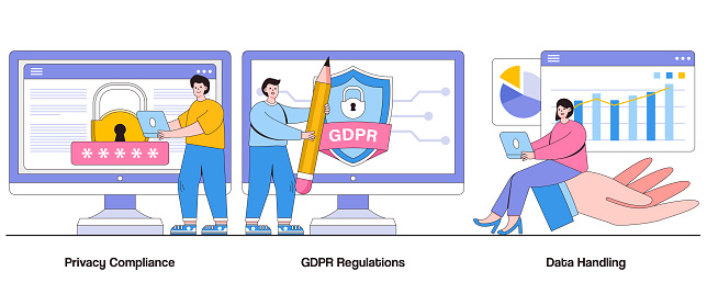 Privacy Compliance, GDPR Regulations, Data Handling Concept with Character. Data Privacy Abstract Vector Illustration Set. Consent Management Metaphor.