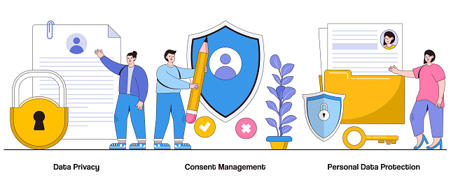 Data Privacy, Consent Management, Personal Data Protection Concept with Character. Privacy Compliance Abstract Vector Illustration Set. Consent Handling Metaphor.