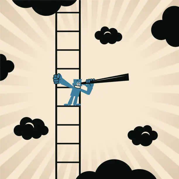 Vector illustration of A man climbing up the ladder of success and looking with the telescope