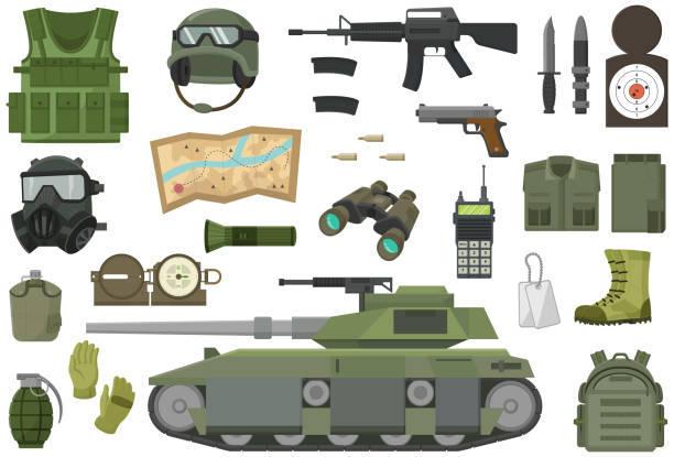 illustrations, cliparts, dessins animés et icônes de ensemble d’équipements militaires sur fond blanc - 16017