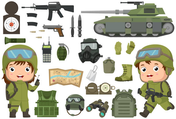 ilustrações de stock, clip art, desenhos animados e ícones de cute soldier kid cartoon with soldier equipment - 16019