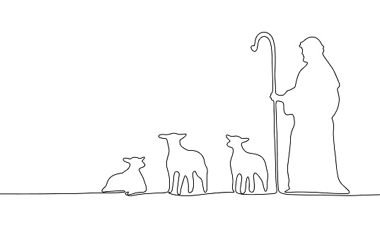 One line shepherd with sheep. Line art born of Jesus. One line continuous religion banner. Outline vector illustration.