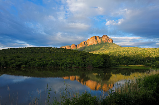 Scenic mountain landscape with water reflection, Marakele National Park, South Africa