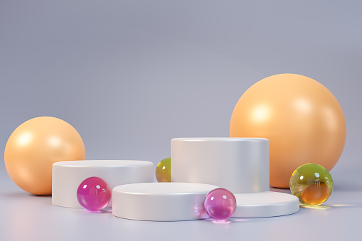 Product placement and presentation. Cylindrical podium, around glass and beige balls, grey background. Backdrop for cosmetic products. 3d illustration