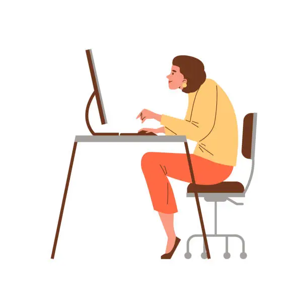 Vector illustration of Smiling woman sitting slumped at computer flat style, vector illustration