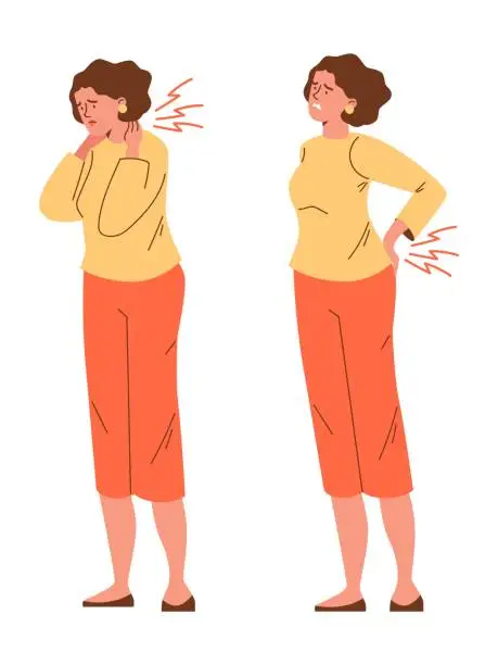 Vector illustration of Set of vector isolated illustration of woman standing and feeling back and neck pain, tired employee, person is upset and stressed