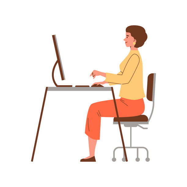 illustrations, cliparts, dessins animés et icônes de une femme souriante travaille à l’ordinateur avec un style plat à dos droit - computer computer keyboard computer monitor caricature