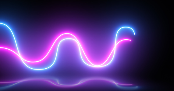Abstract bright neon purple and blue energy light disco lines with reflections abstract background.