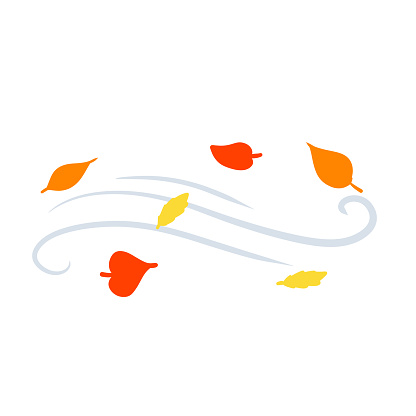 Autumn Wind. Stream of air with red and yellow leaves. Blue wavy line. Breeze and weather icon. Flat illustration. Leaf fall
