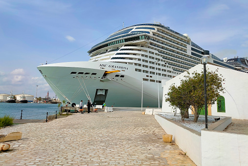 La Guell Tunisia - April 28, 2023: The cruise ship MSC Grandiosa in port of La Guell Tunisia on April 28, 2023
