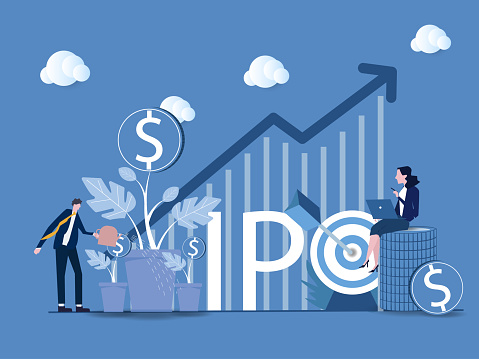 IPO, initial public offering, investment opportunity or make profit from new stock concept. Return on investment, financial solutions, passive income. Vector illustration.