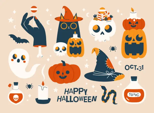 Vector illustration of Big set of Halloween cliparts. Vector illustrations in flat modern style. Cartoon stickers with black cat in witch hat, skull, pumpkins, candle, snake, ghost, hand with bone, candies, bat, spider.