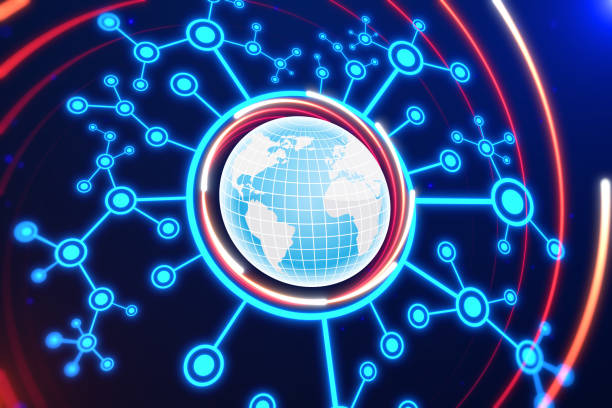 Blue holographic globe with nodes connected around earth. Concept of global network connection, communication technology, fintech, data exchange, worldwide exchange of information and online banking.
