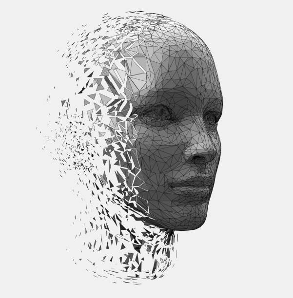 istock Vector polygonal illustration of a humanoid robot girl head disintegrate. 1502148662