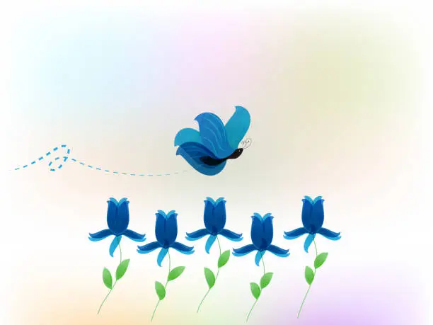 Vector illustration of Butterfly flying on blue flowers logo vector image