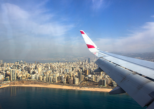 Aerial view of Beirut city and the port from plane, the capital of Lebanon
