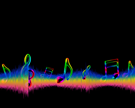 Abstract multicolored sound equalizer wave line with rainbow musical notes on black background.