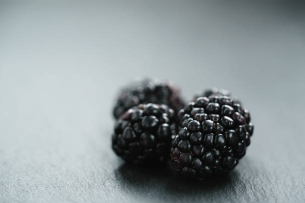 ripe organic blackberries on slate background, closeup