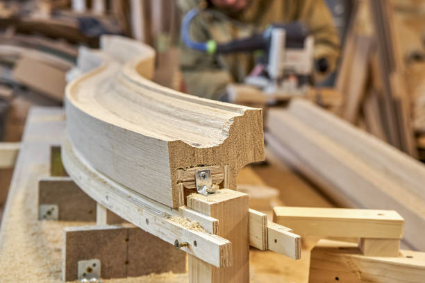 istock Irregular shape wooden staircase handrail in carpentry 1502180699