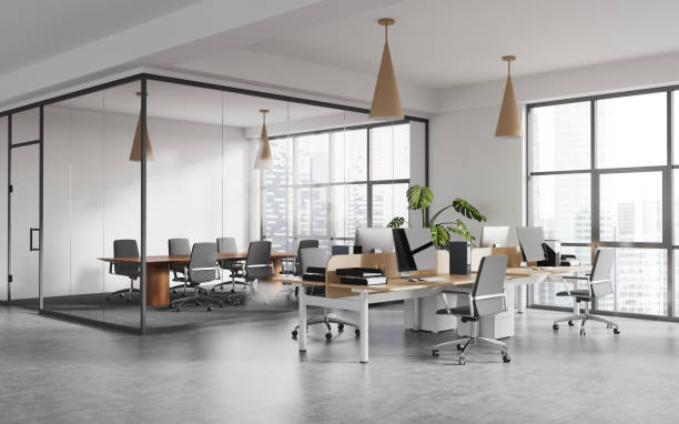 istock White office room interior with coworking and conference corner, window 1502190488