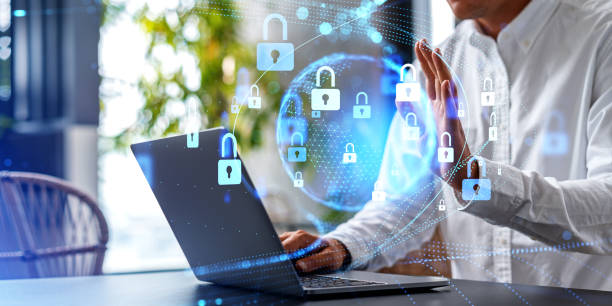 istock Businessman on a video call, earth globe and cybersecurity hologram with lock 1502193291