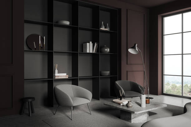 istock Brown living room corner with armchairs and bookcase 1502195508