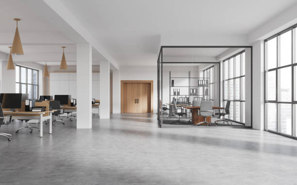 istock Light office room interior with coworking and conference zone, panoramic window 1502197192