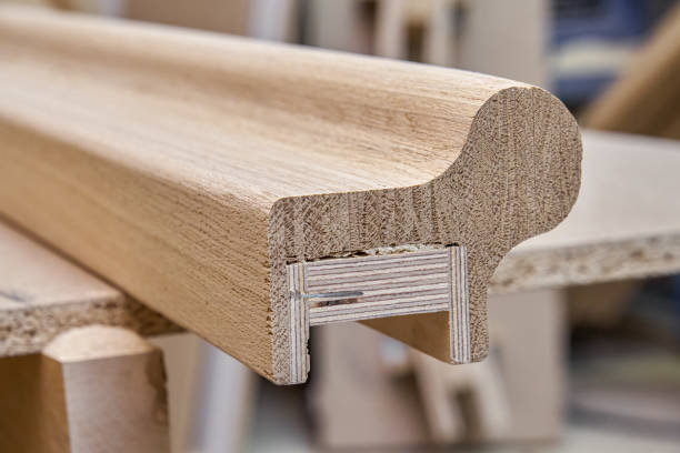 istock Irregular shape wooden staircase handrail in carpentry 1502205283