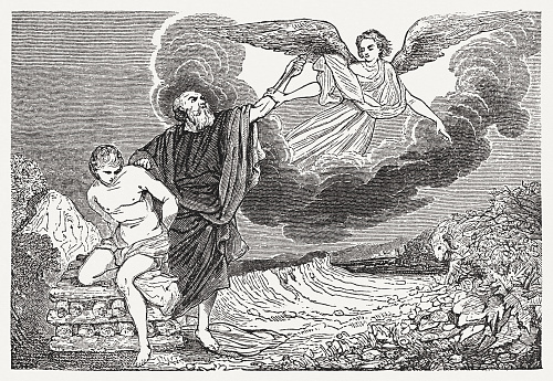 Abraham's Sacrifice of Isaac (Genesis 22, 11 - 12). Wood engraving, published in 1835.