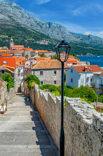 Old stone stepped street in the historic town of Korcula, Croatia.