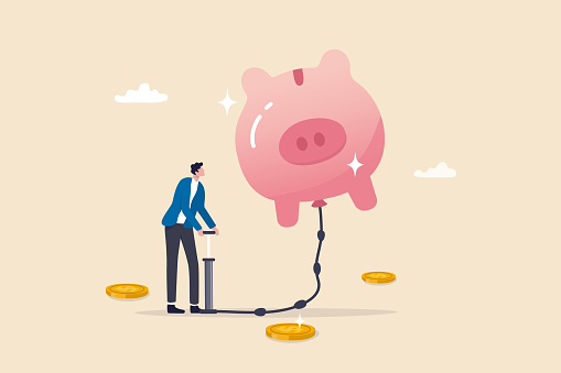Saving or investment growth, money or financial deposit, wealth building, revenue increase or income, earning or profit, rich and prosperity concept, businessman inflate piggy bank to be bigger.