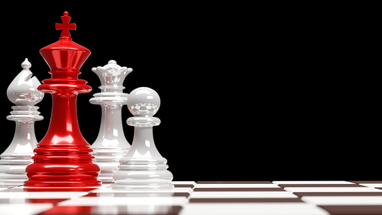 3d rendering the red king in battle on a chessboard, business leader, challenge and competition business concept