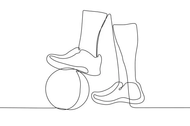 Vector illustration of feet in boots, one of which stands on a soccer ball - one line drawing. free kick concept in football game, penalty kick