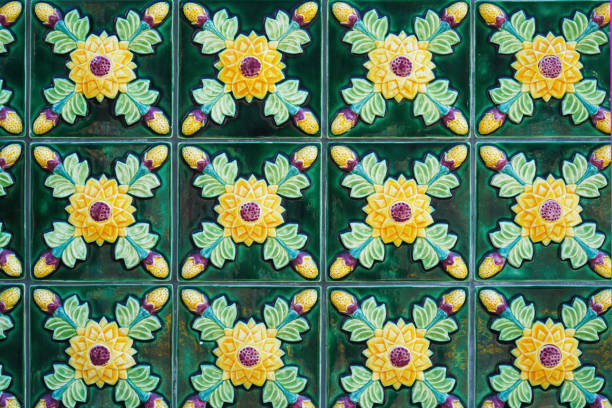 Traditional portuguese and spanish tile green with yellow flower Azulejo background