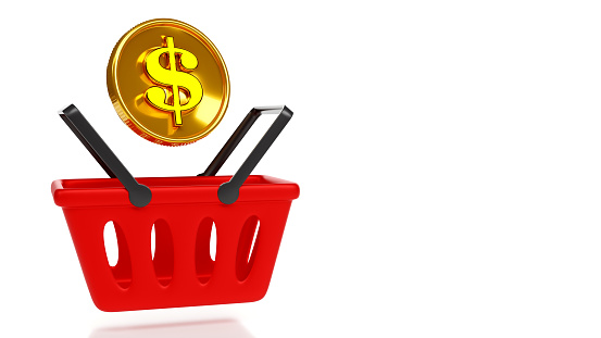 3d rendering of shopping basket with goldd coin on color background, sale banner, social network design