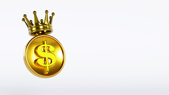 3d rendering of dollar coin with golden crown on white background, successful\n business concept