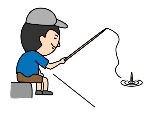 Vector illustration of Illustration of a boy sitting alone by the waterside and fishing