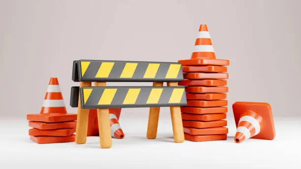 3d rendering of under-construction barrier with traffic cones, working and safety concept