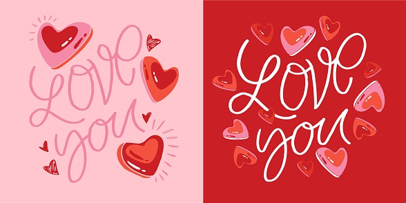 Love you - cute hand drawn doodle lettering postcard. Valentines Day, t-shirt design, tee design, mug print.