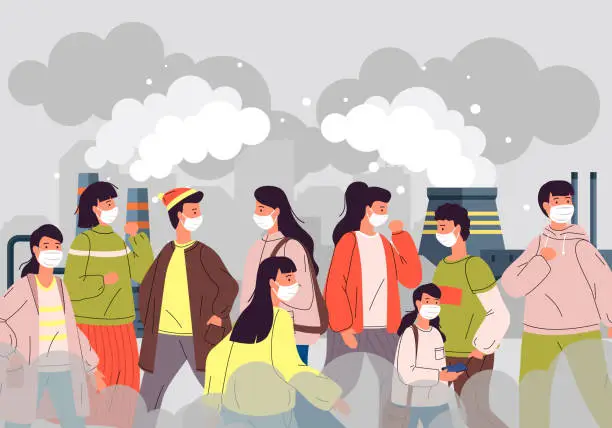 Vector illustration of People in city smog. Man woman in protective face masks walking on street against factory pipes