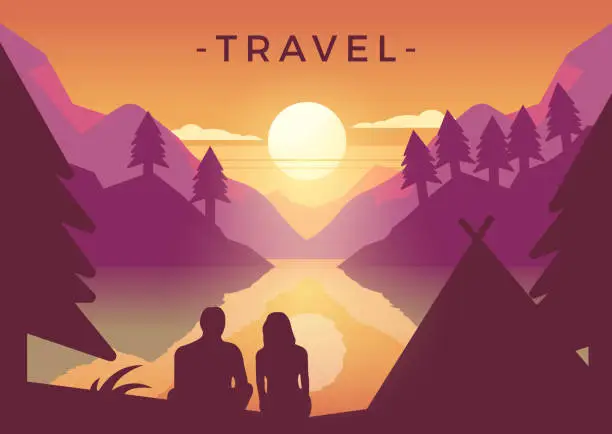 Vector illustration of Vector illustration of a couple camping and looking at the sunset near the lake on aa mountain. Traveling, holidays and vacations