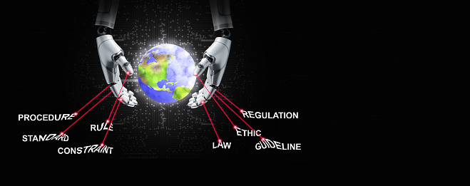 Regulation of AI development. Clear policy on artificial intelligence helps regulate and prevent its misuse. Robotic hand is pulled and controlled by law, guideline, rule, constraint, standard, ethic