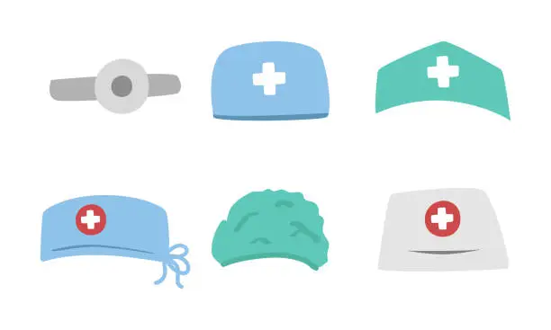 Vector illustration of Set of medical hats clipart cartoon style. Doctor hat, nurse hat, surgeon hat medical uniform flat vector set illustration hand drawn doodle style. Hospital head uniform. Hospital and medical concept